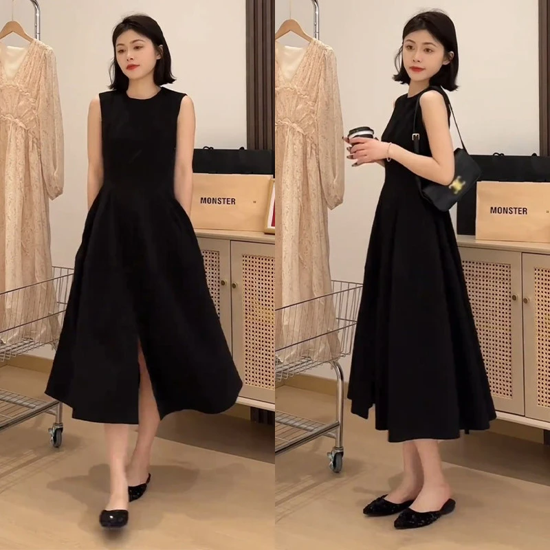 黑色高级感法式赫本风无袖背心连衣裙女夏季新款中长款开叉长裙子
