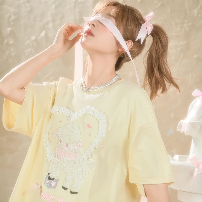 森女部落甜美小羊减龄休闲宽松奶黄色上衣夏季短袖t恤女2025新款