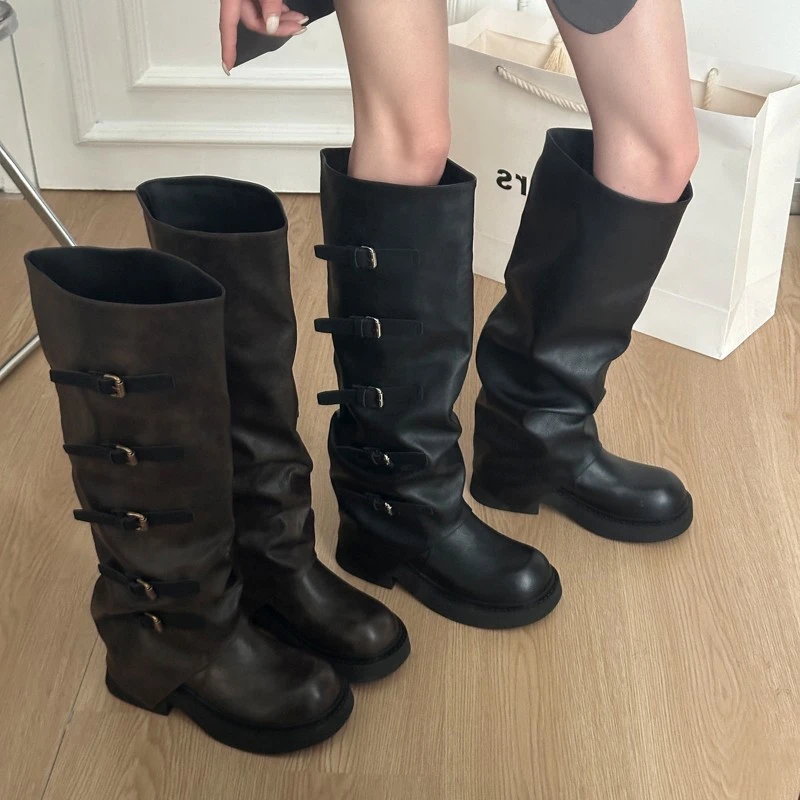复古小众长筒靴女秋季新款厚底黑色骑士靴美拉德裤管靴西部牛仔靴