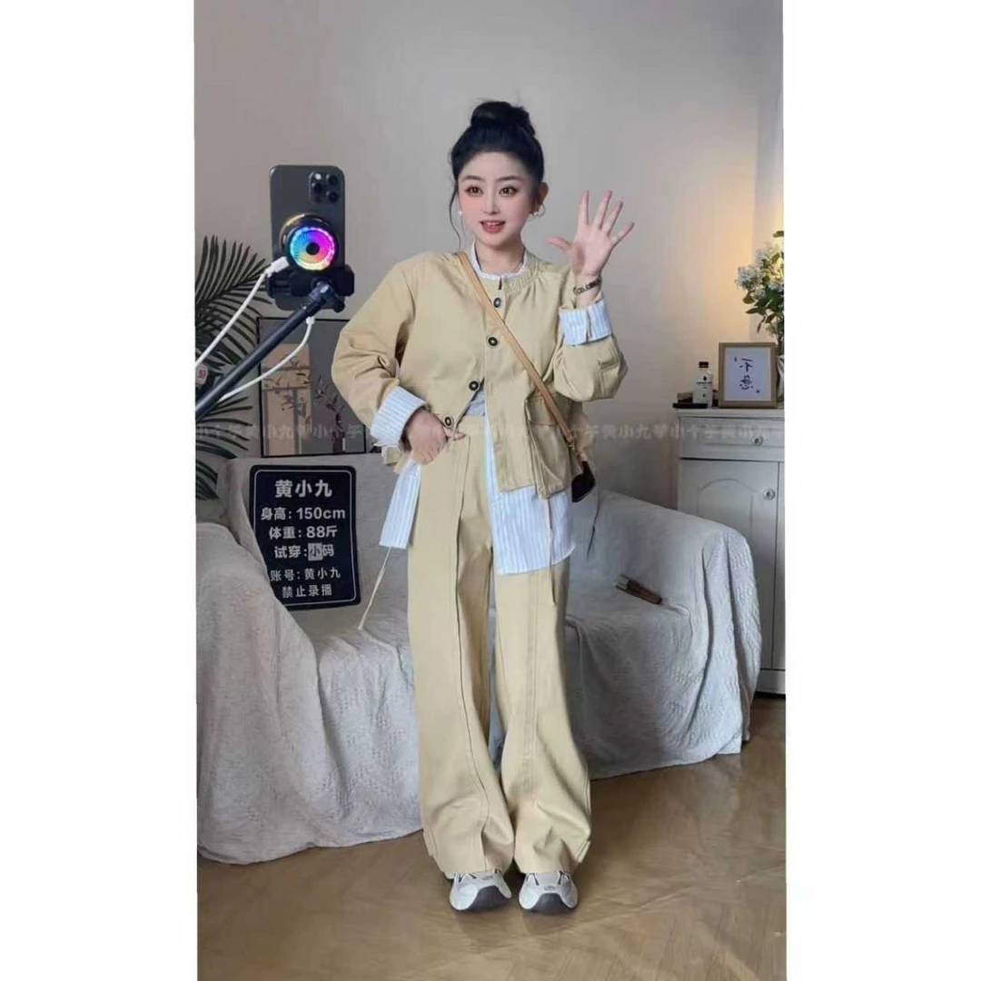 时髦艺术生/假2件夹克外套+立体结构线阔腿裤套装