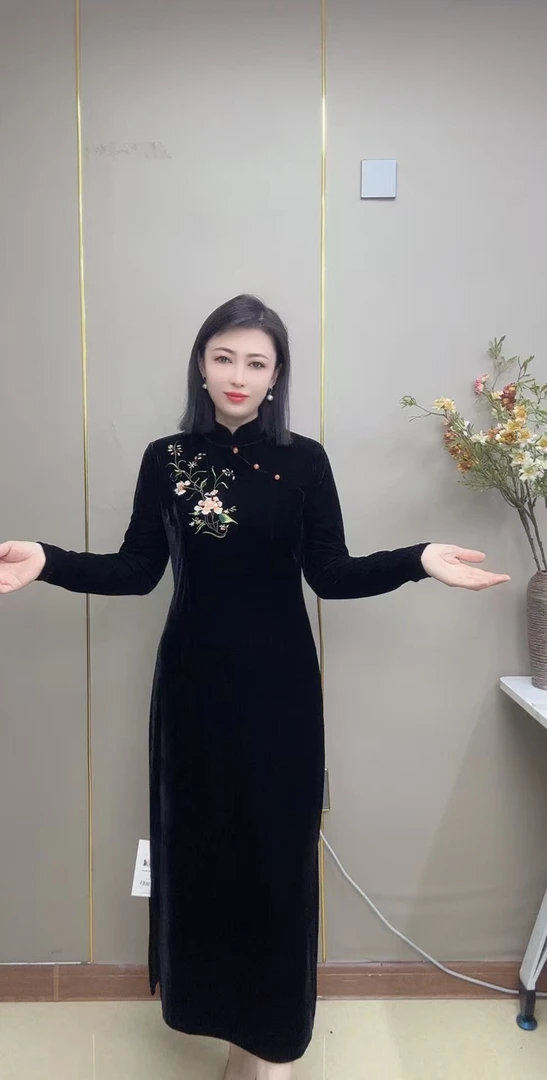 FENGJIE 2025新款丝绒刺绣立领改良旗袍修身显瘦长款连衣裙3681