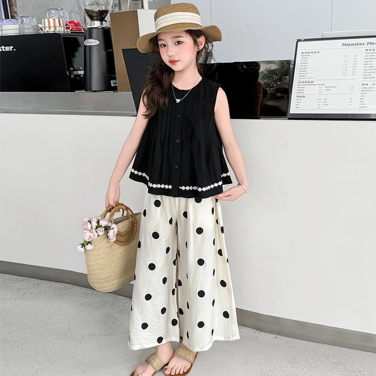 女童套装夏装2025新款甜美洋气儿童韩系无袖娃娃衫背心波点阔腿裤