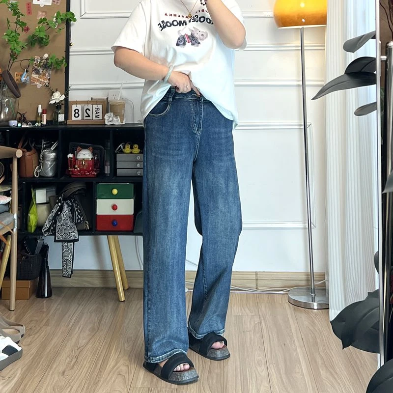 YZJ【长腿秘籍7.0】复古蓝高垂感直筒大码休闲宽松遮胯显瘦牛仔长裤