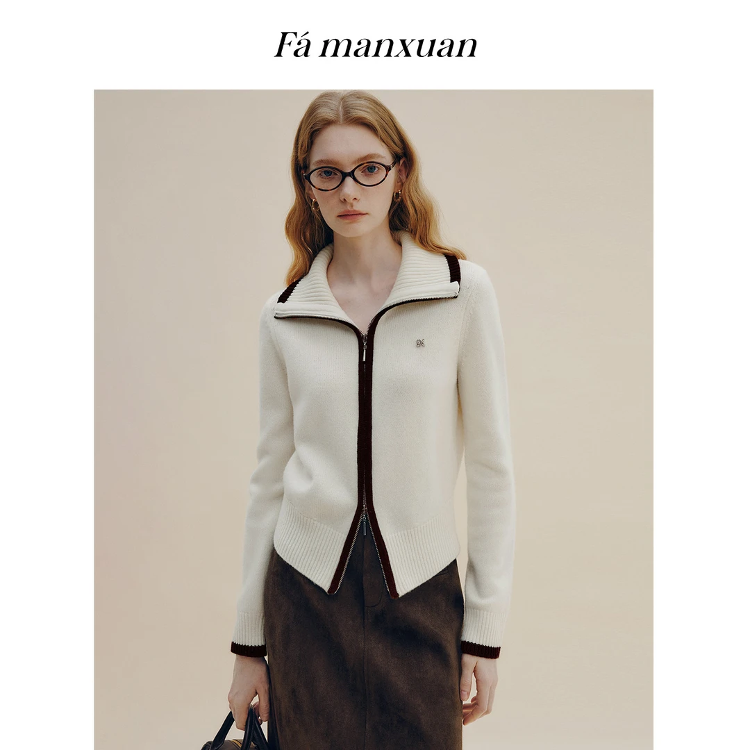 【诗语专属】法曼萱100%羊毛米白色翻领针织开衫女2026春长袖上衣
