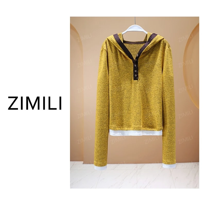 【亮哥女装】2025秋冬新品《麦穗》姜黄色拼接下摆连帽上衣6665-A2