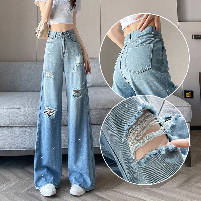 蜜蜜穿搭烫钻破洞阔腿牛仔裤女2025年夏季薄款渐变带钻大喇叭裤子