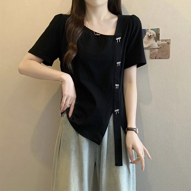 大码法式不规则遮肚短袖打底衫T恤女夏季胖妹妹显瘦别致正肩上衣