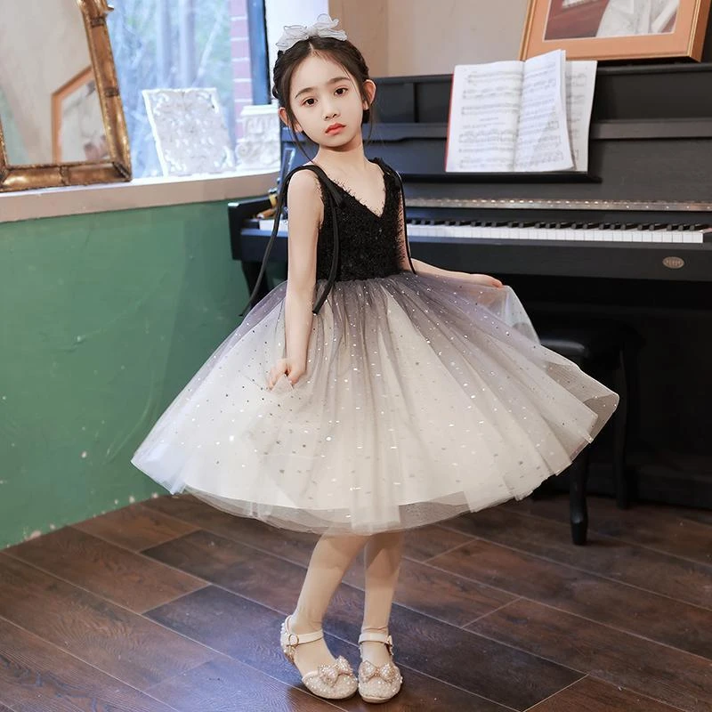 儿童晚礼服公主裙夏季女童钢琴黑色演出服小女孩主持人高端蓬蓬纱