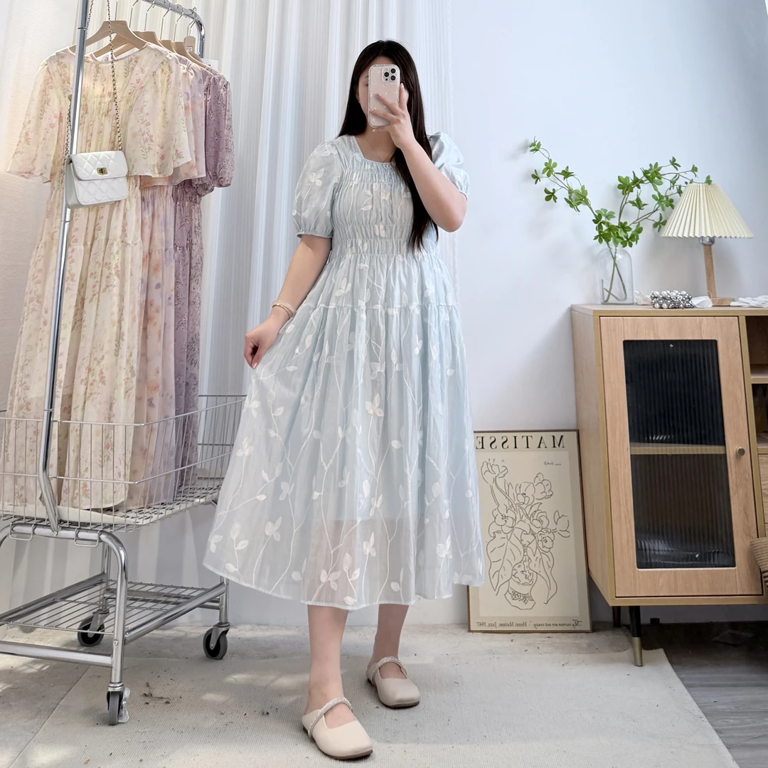 轻奢刺绣【天蓝绣品】优雅气质显白公主裙大码胖mm高腰显瘦连衣裙
