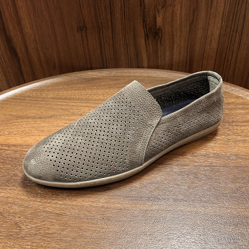 夏季新款一脚蹬轻便休闲皮鞋男士豆豆鞋磨砂皮透气乐福鞋镂空皮鞋