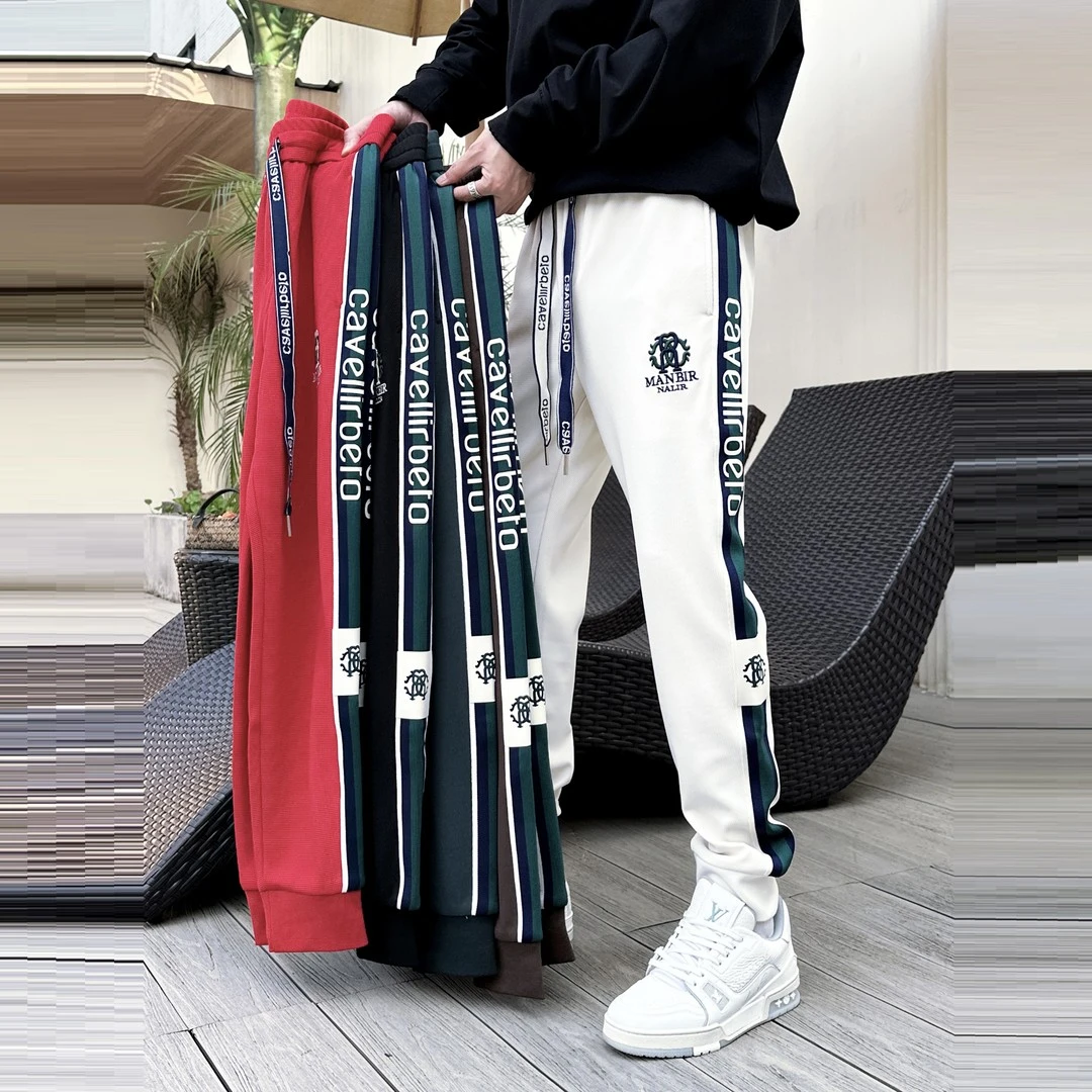 男士秋冬加厚保暖潮流休闲裤欧货时尚卫裤拼色织带刺绣束口小脚裤