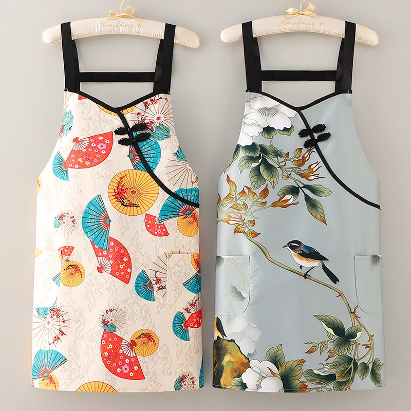 新款国风围裙家用厨房防油污防脏护衣工作服新中式H带背带易清洗
