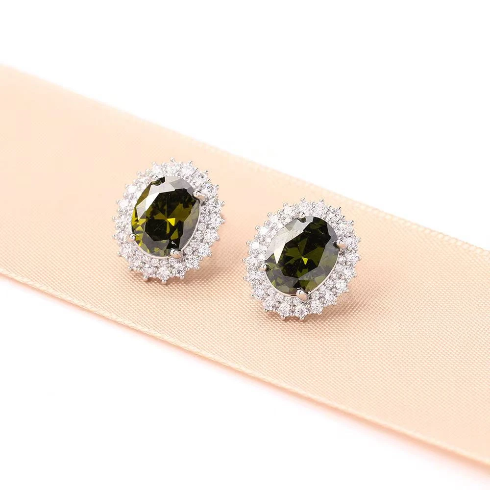 铜合金耳饰 新品优雅微镶橄榄绿色锆石耳环气质百搭经典奢华