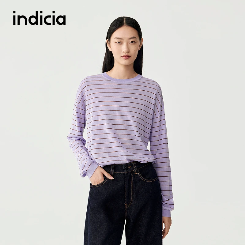 indicia标记商场同款25秋新款圆领条纹套头老钱风长袖F2C5ZZ359F