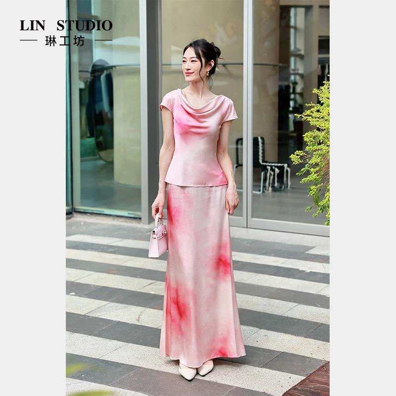 【半裙 22姆米桑蚕丝】琳工坊“陌上”粉色半裙优雅气质时尚唐琳设计