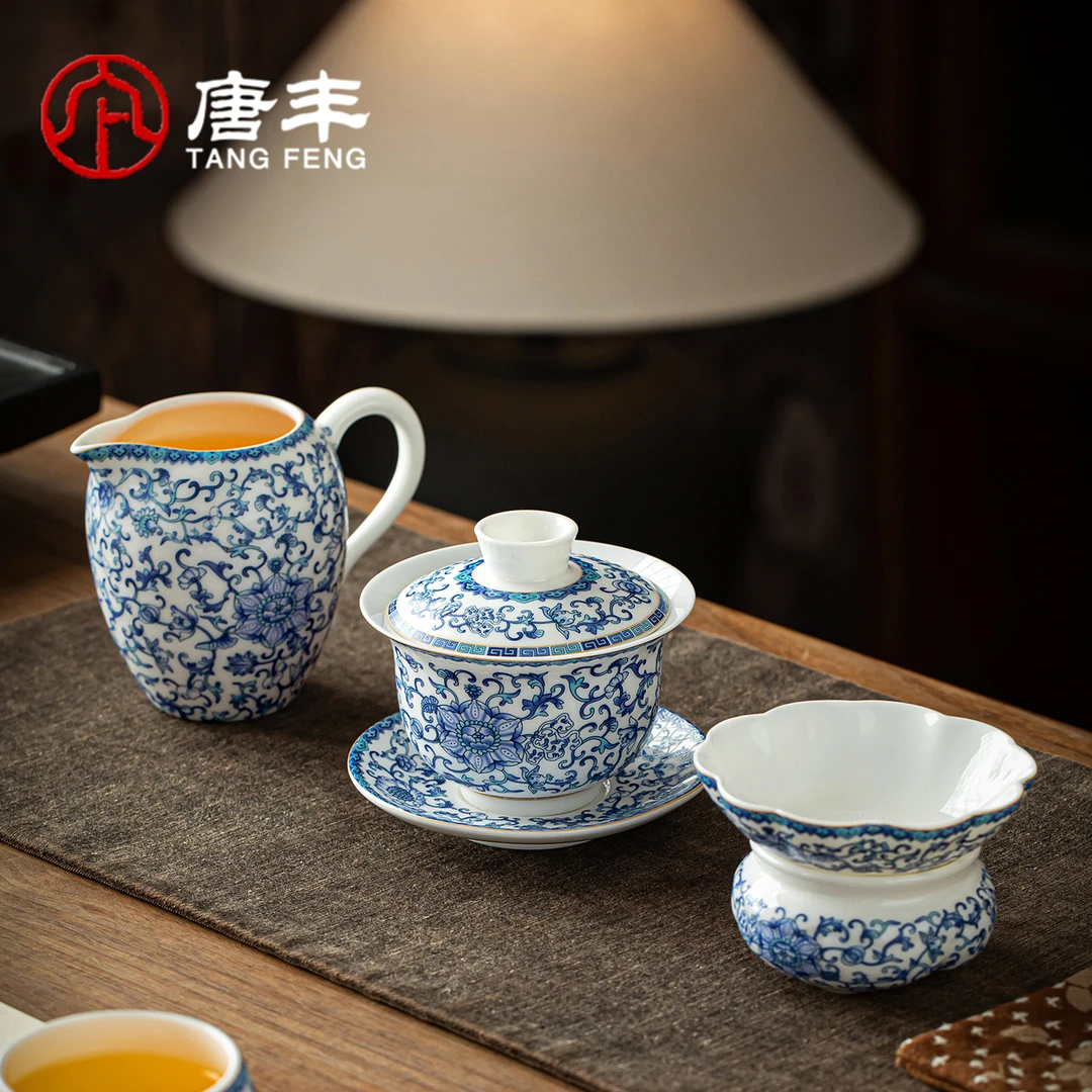 唐丰青花白瓷盖碗三件套家用办公一人饮小茶具防烫三才泡茶碗带盖