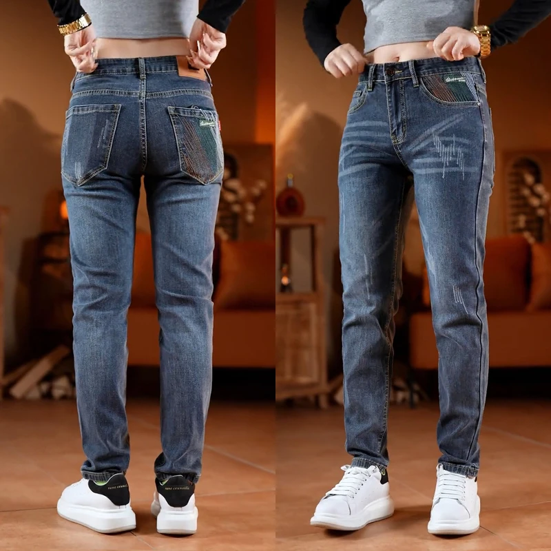 牛仔裤男士秋冬季百搭弹力修身小脚直筒显瘦男装蓝灰休闲长裤子男