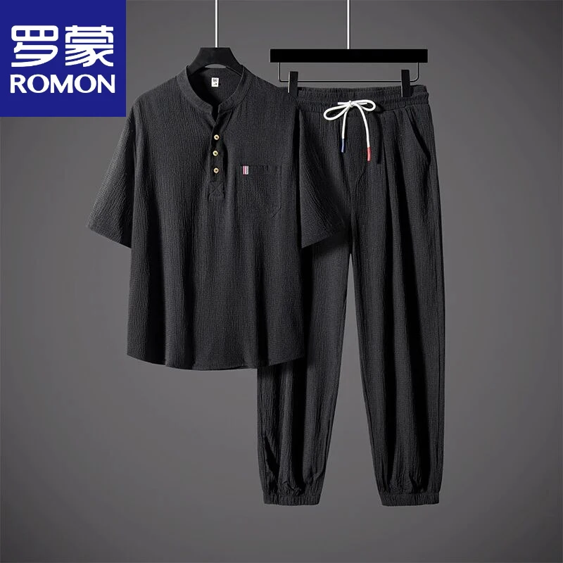 罗蒙新中式夏季男士衬衫中国风休闲男装汉服唐装茶服短袖冰丝套装