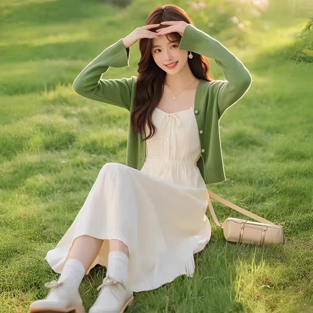 【现货】韩版甜美套装裙温柔风超仙吊带针织连衣裙开衫两件套女春季