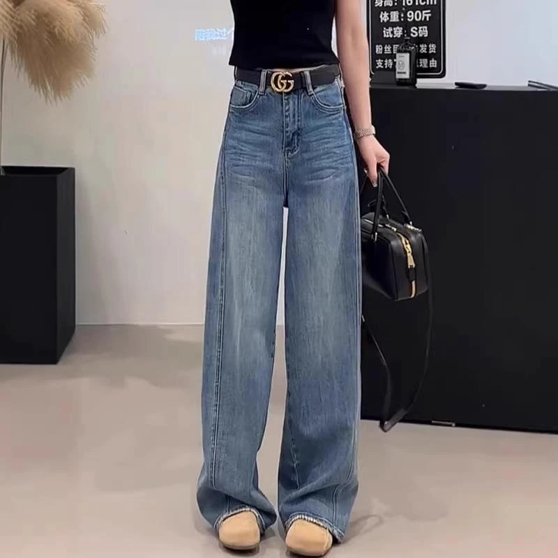 大码阔腿牛仔裤女春夏2025新款高腰梨形身材直筒宽松垂感拖地裤子