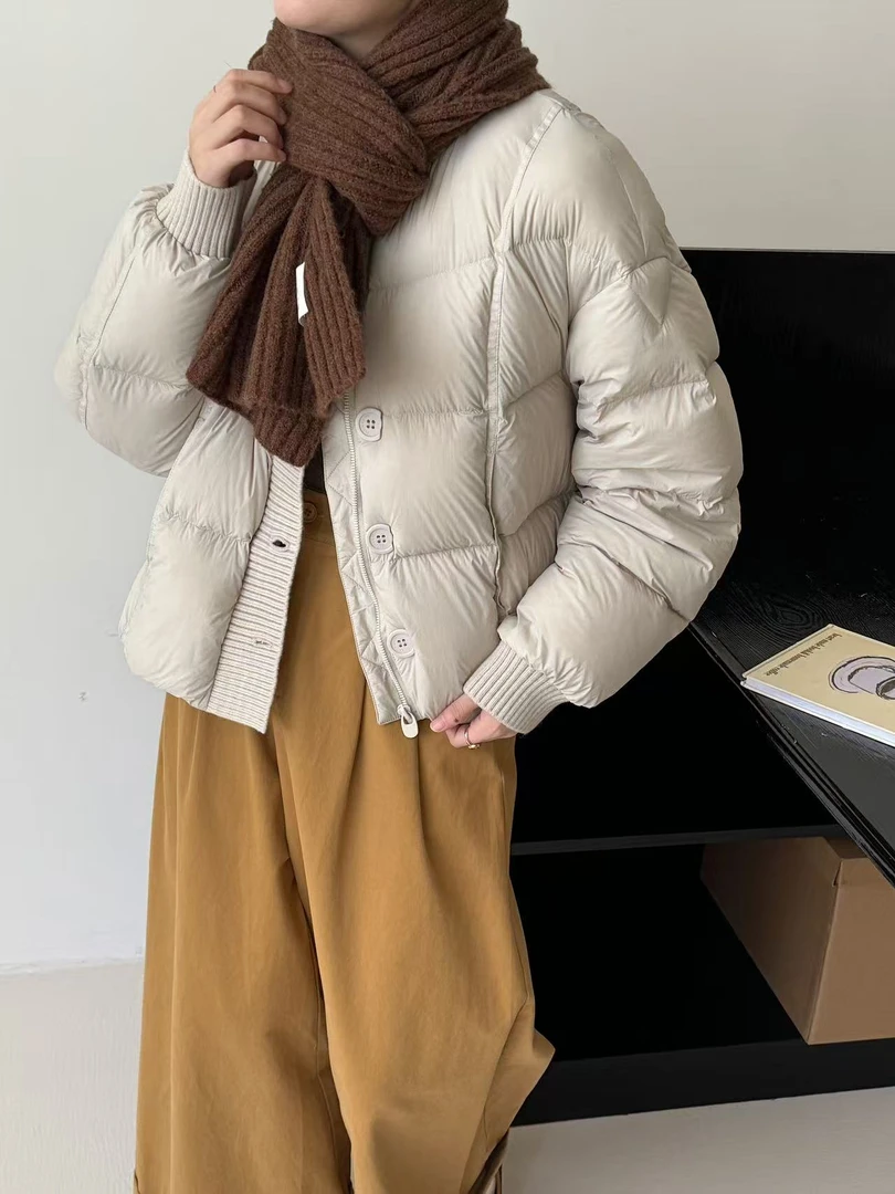 韩系简约冬季保暖女短款拼接潮流纯色宽松休闲羽绒服外套【6315】