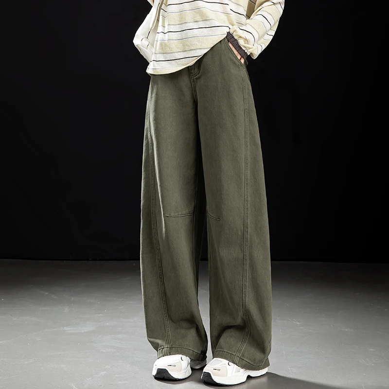 军绿色美式复古水洗做旧牛仔裤女秋冬加绒宽松弯刀阔腿拖地长裤子