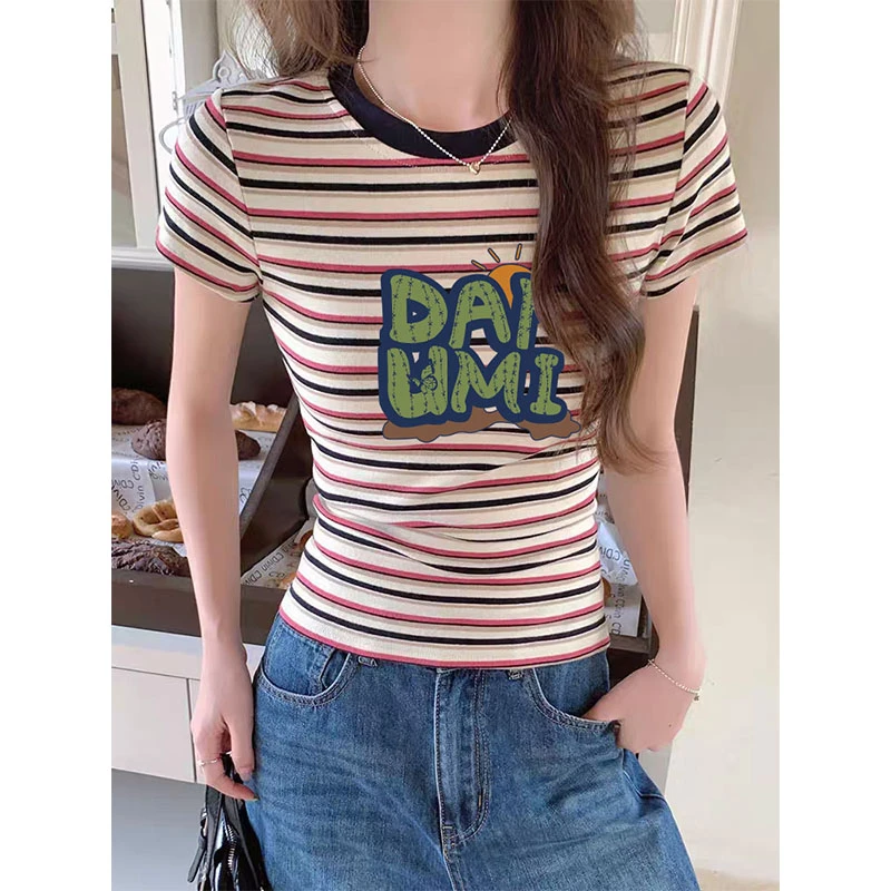 小众拼色条纹设计感正肩圆领短袖t恤女2025新款时尚百搭上衣夏季