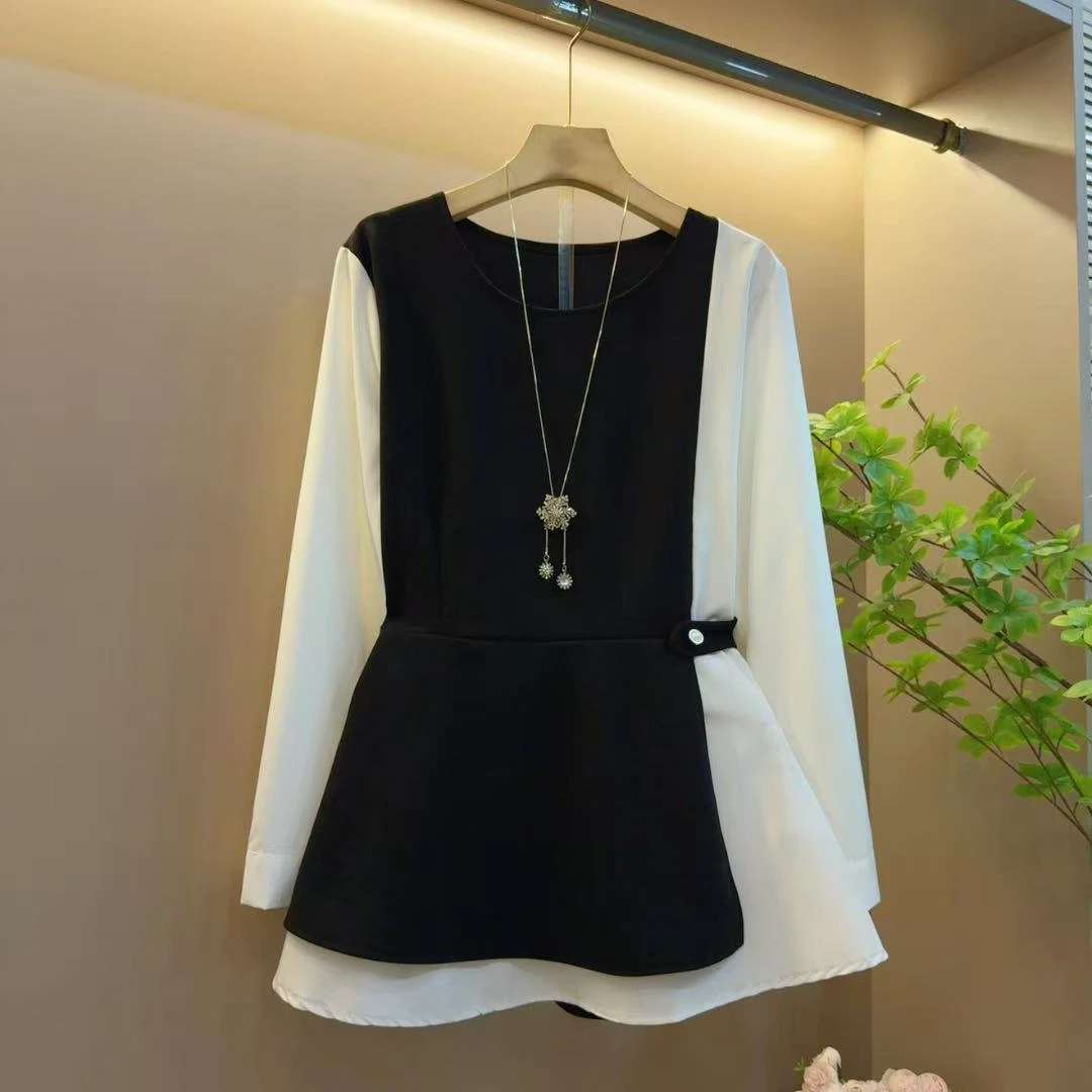 洋气百搭圆领拼接撞色休闲减龄假两件长袖上衣（长72左右）