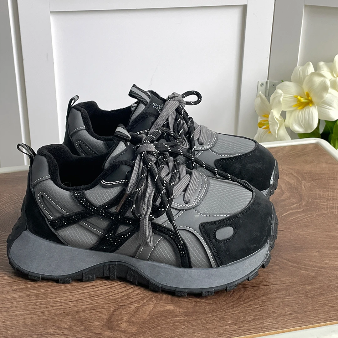 黑色双系带加绒老爹鞋女2025冬季新款增高德训鞋时尚百搭休闲潮鞋