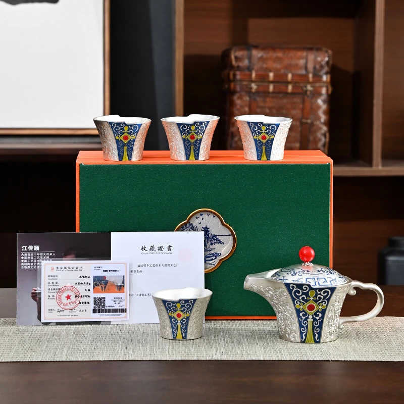 大唐窑鎏银永结同心一壶四杯/两杯茶具礼盒装