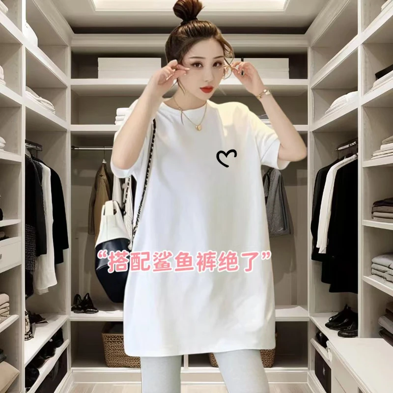 短袖宽松遮肉中长款纯棉t恤女大码遮屁股印花胖mm200斤打底衫上衣