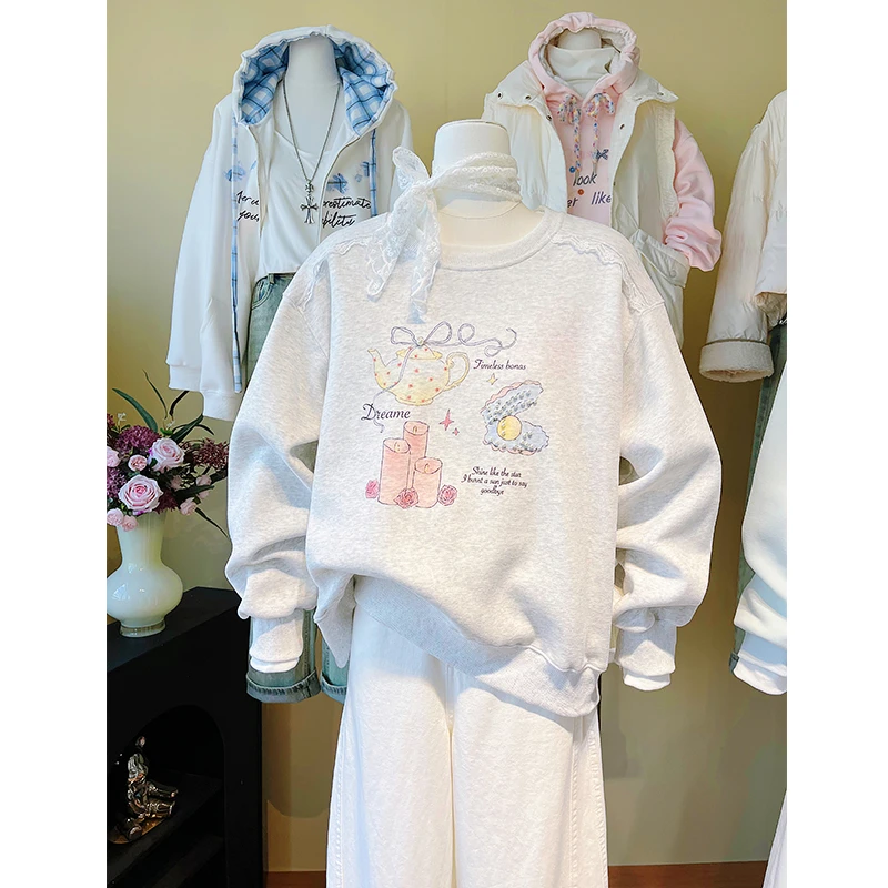 高级感灰色钉珠贝壳图案休闲套头上衣女秋冬宽松小个子圆领卫衣