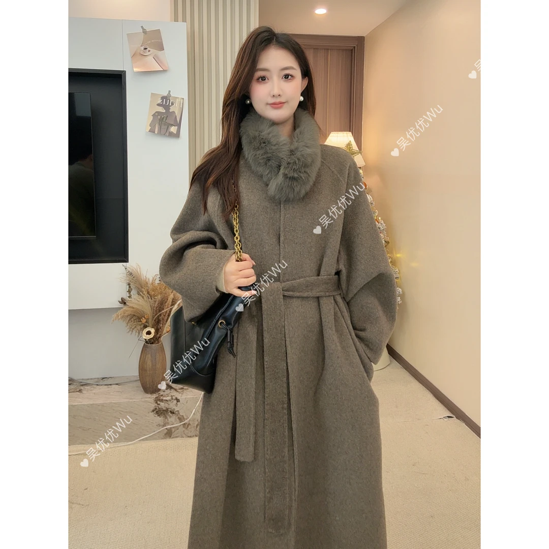 2026原创琥珀流光冬季双面羊毛大衣狐狸毛领韩版宽松