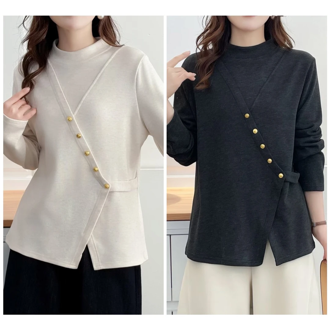 110-195斤大码女装胖mm冬季好看显瘦打底衫纽扣装饰长袖T恤衫内搭