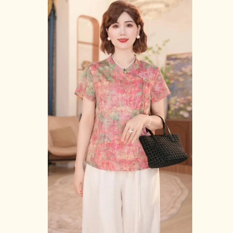夏季时尚气质中年女装宽松新中式小衫套装2025新款妈妈装