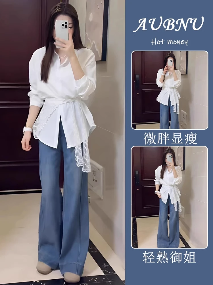 2025超火春装一整套盐系穿搭高级感蕾丝白色衬衫牛仔裤两件套装女
