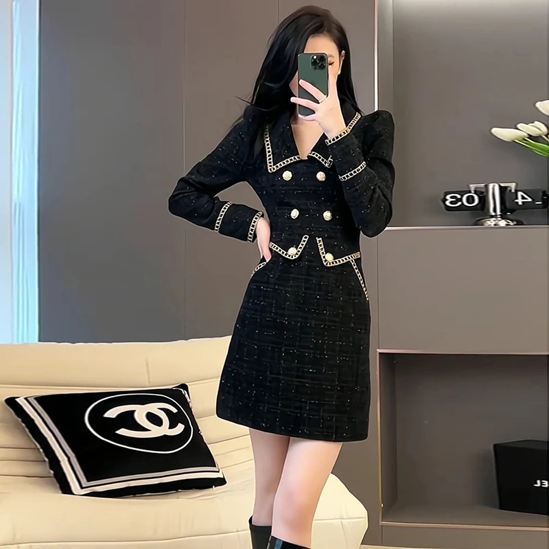 【V】【有里布】新款包臀高级感气质高端精致黑色小香风连衣裙女6297
