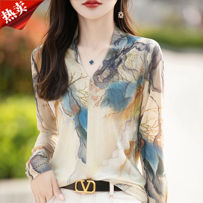 新中式国风V领山水墨画网纱上衣女士内搭打底衫春