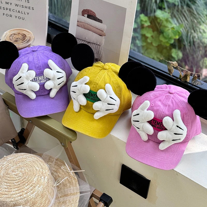 日系ins卡通米奇耳朵棒球帽亲子春夏出游儿童鸭舌帽磨毛糖果色帽