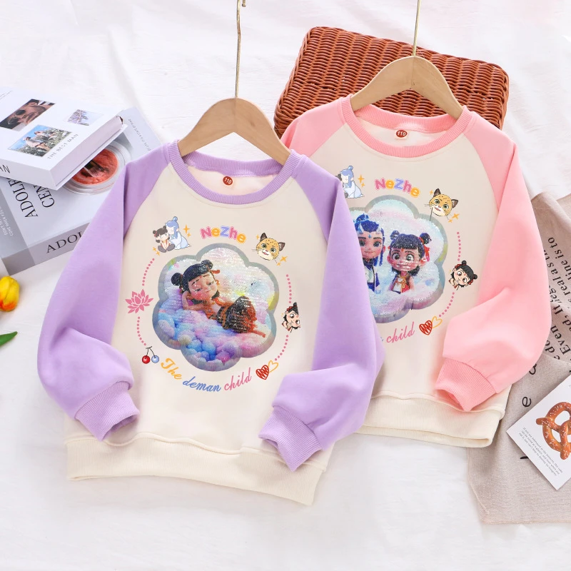 春秋季儿童卫衣女孩中小童套头衫亮片变色小哪吒华棉圆领上衣