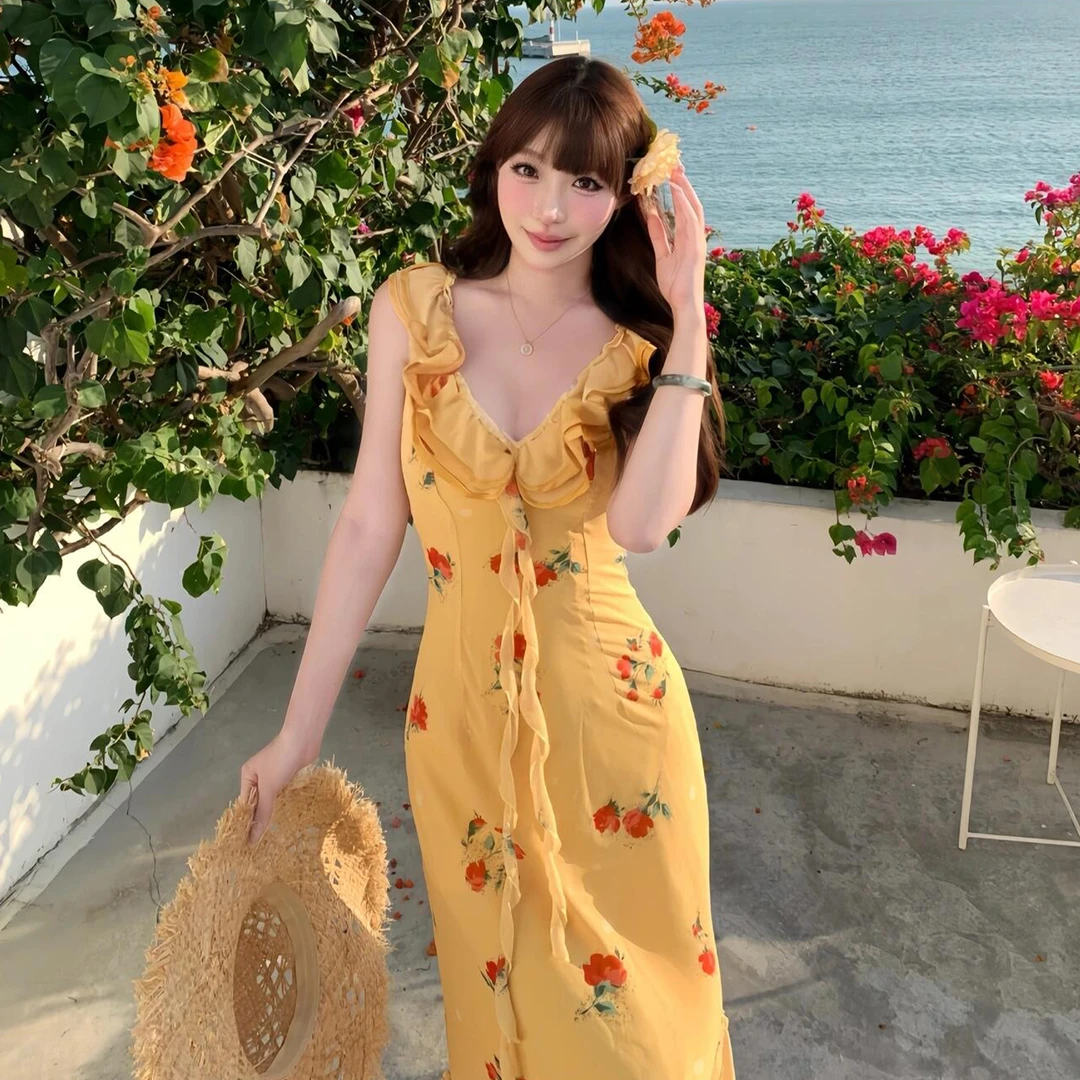 【现货+运补】黄色碎花V领荷叶边连衣裙夏季海边度假长裙5028