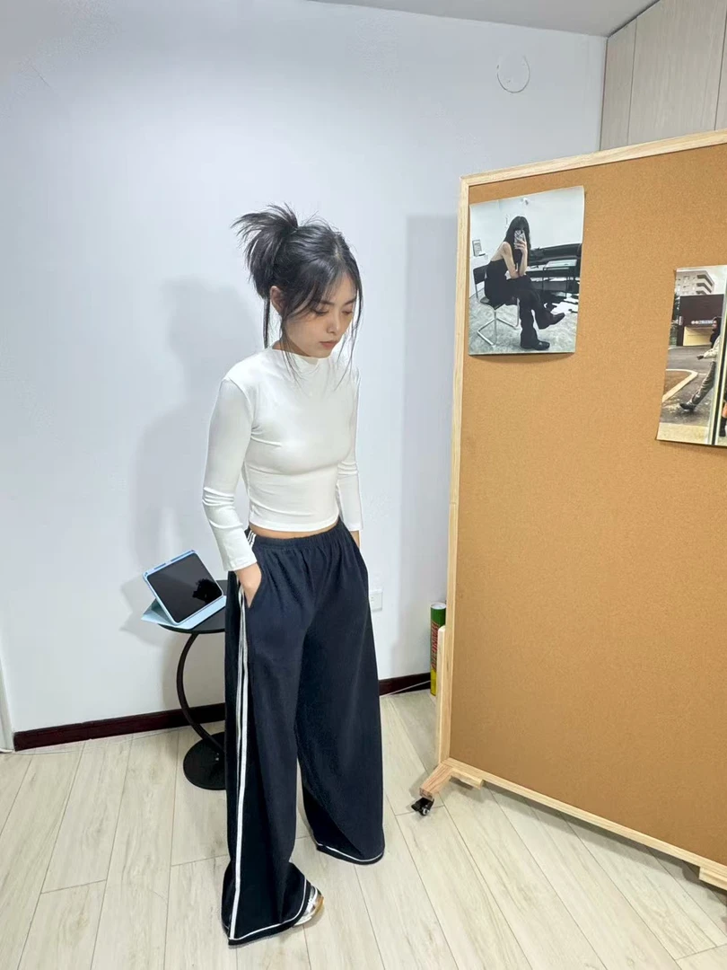 大码美式复古侧边三条杠休闲高腰直筒阔腿女裤阔腿裤宽松