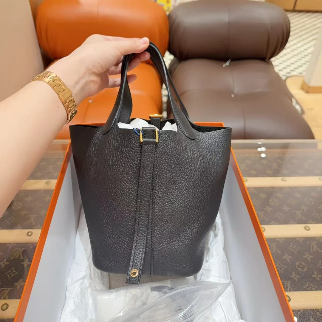 99新 Hermes/爱马仕 菜篮子水桶18 全❤️ 黑金 Tc皮 k刻