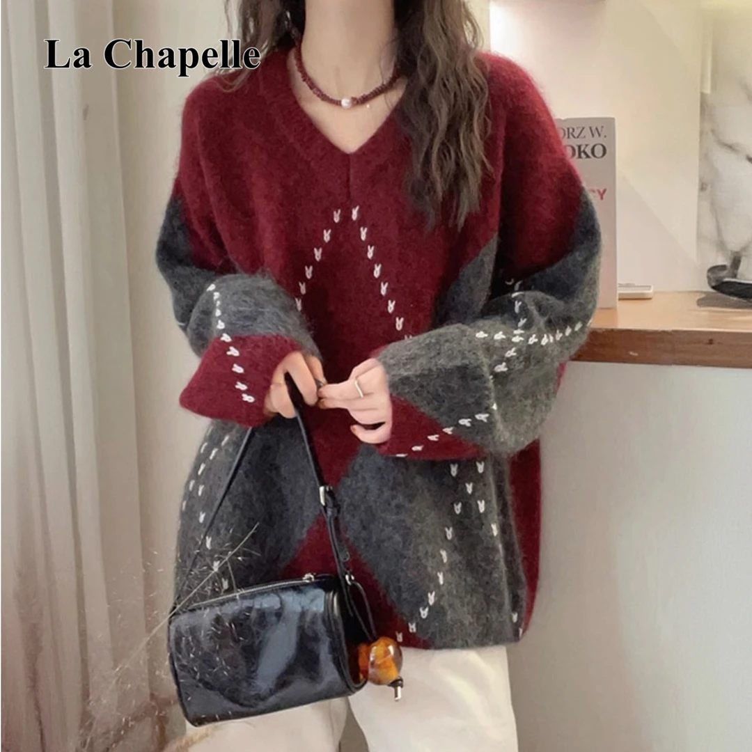 拉夏贝尔撞色菱形格韩系针织衫女2025秋冬新款宽松百搭加厚毛衣潮