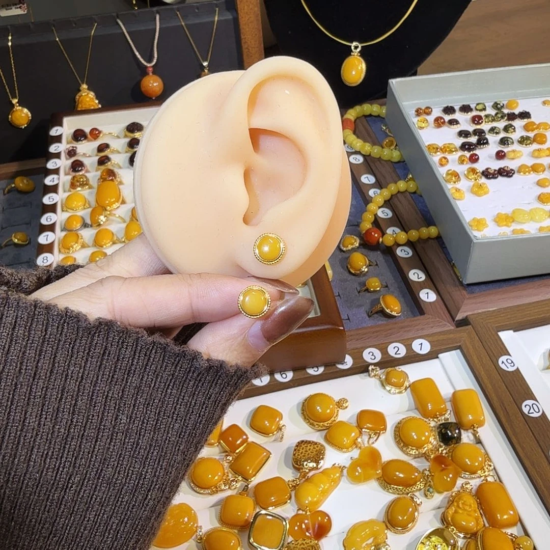 蜜蜡银S925镀金镶嵌耳饰蜜蜡耳钉