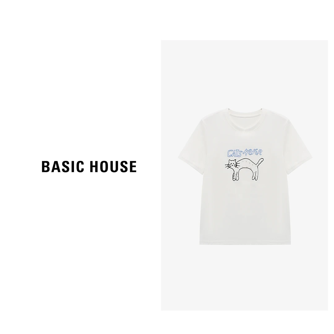 百家好夏季休闲时尚百搭猫咪印花T恤甜美洋气衣服女-B0625B52342