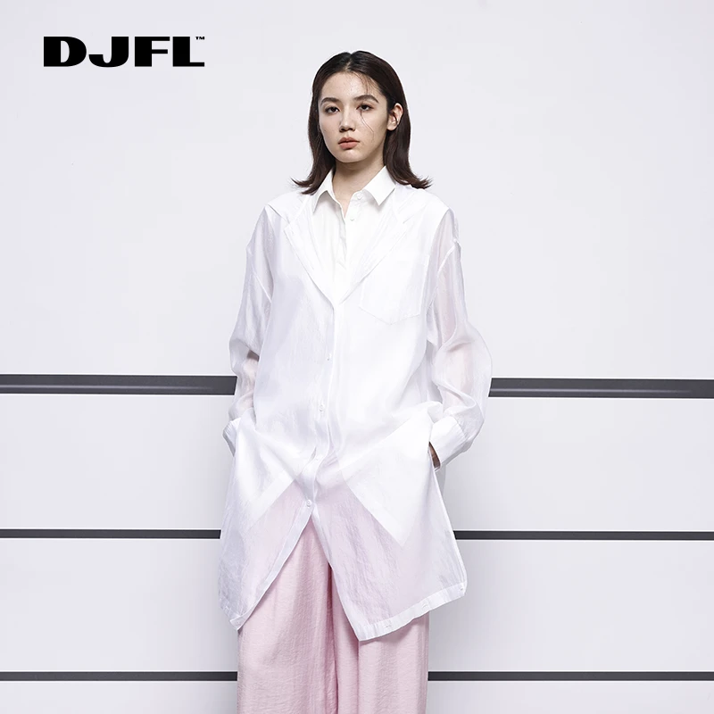 DJFL 白色半透两件式长外套层次感马甲式衬衫+防晒外披 DWWS2W030