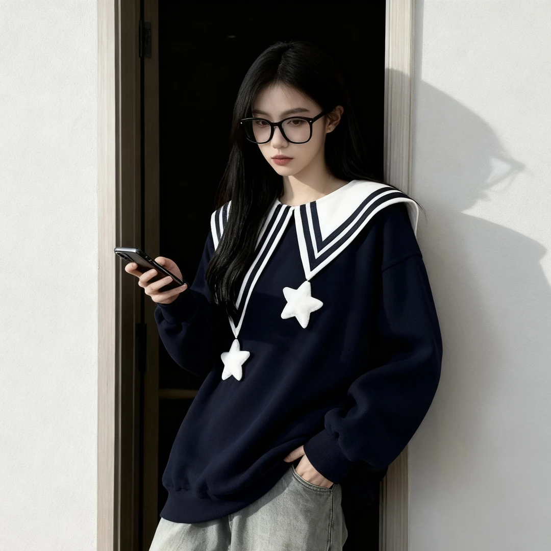 藏青色加绒百搭时尚宽松卫衣大码胖mm学院风显瘦日系减龄冬季上衣