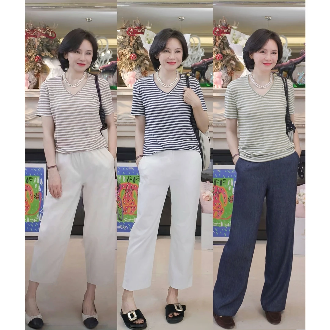 我是摩羯 条纹爱好者 亚麻V领条纹时尚百搭夏短袖T恤
