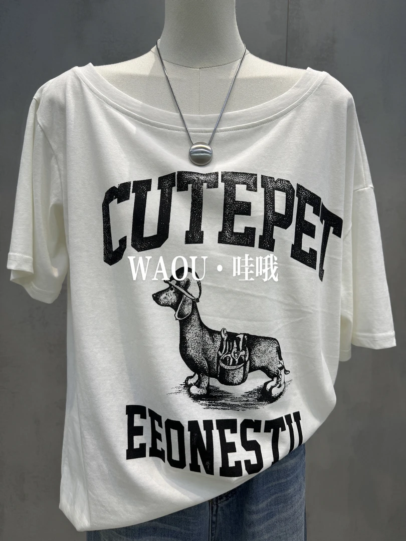 【WAOU】小众设计小狗斜肩短袖6578